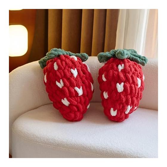 MOKOYA Fluffy Berry Stylish Strawberry Body Pillow, Soft Chenille Weave, Cute, Hand-knitted, Chewy Cushion, Strawberry, Red