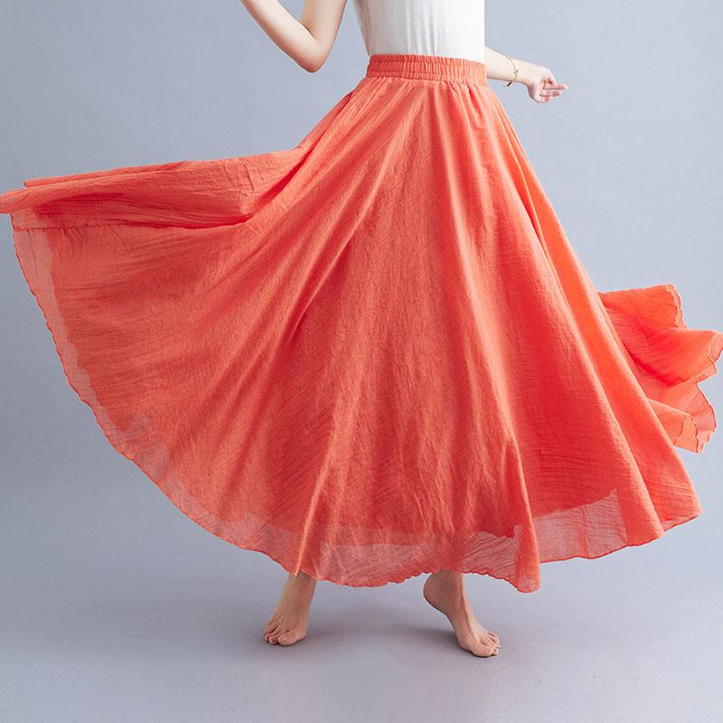 Literary Elastic Waist A-line Expansion Skirt Solid Color Ethnic Style Women Long Skirts