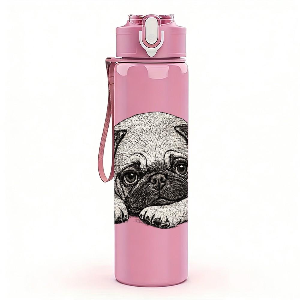 1PC Sad Pug Puppy Dog Pet Portrait Print 750ml Color Plastic Sports Water Bottle Leakproof Flip Straw Lid Suitable for Sports Office Home Use