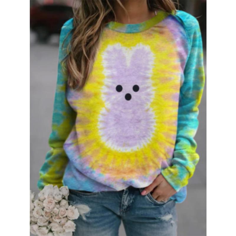 Round Neck 3D Tie Dye Rabbit Printed Top Fashionable Casual Long Sleeved Women's T-shirts
