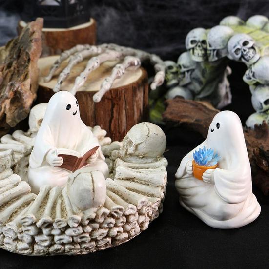2 Pcs Sitting Ghost Ornaments Reading Holding Potted Plant Statue Figurine Resin Ghost Halloween Decor