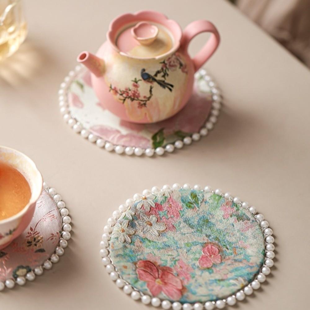 Cloth Pearls Edge Coaster Vintage Teapot Mat Swallow Brocade Cup Mat  Drinkware Accessories