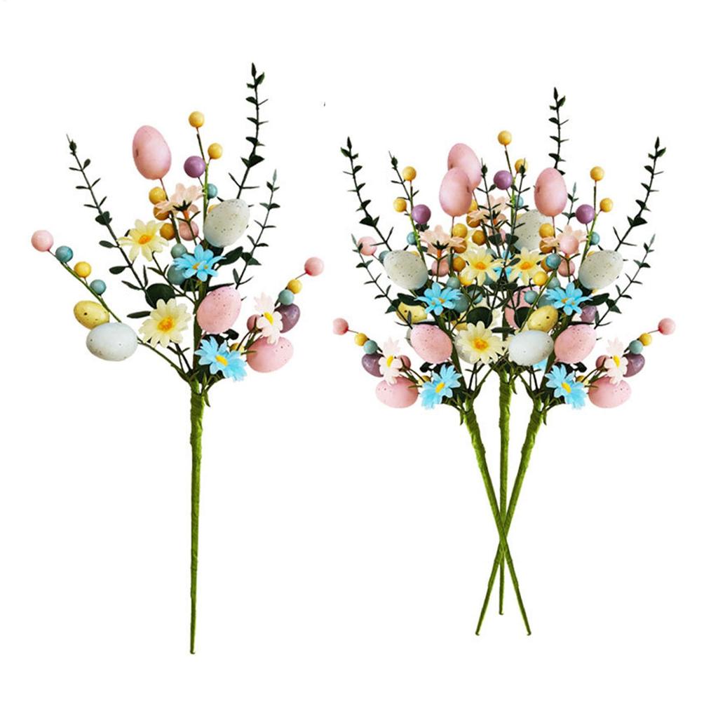 Easter Artificial Flower Bouquet Pastel Plastic Faux Floral Arrangement with Eggs and Berries - for Home Decor