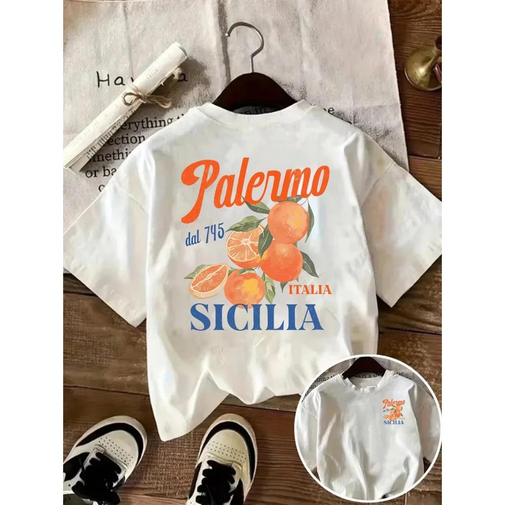 Vintage Palermo Sicilia Graphic T-shirt Retro Italian Fruit Print Tee Summer Casual Crew Neck Top Modern Unisex Streetwear M