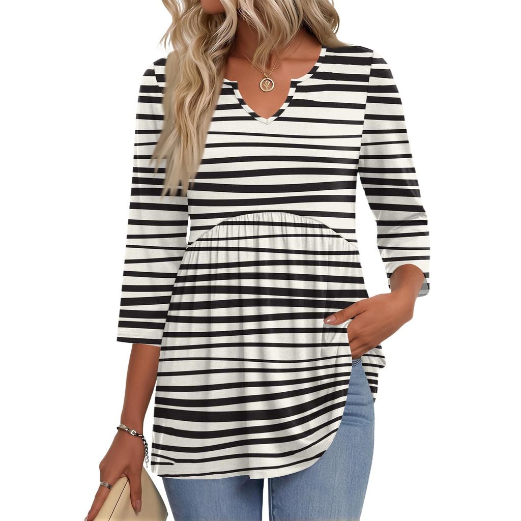 Women's Casual Striped V-Neck Three-Quarter Sleeve Blouse for Everyday Wear