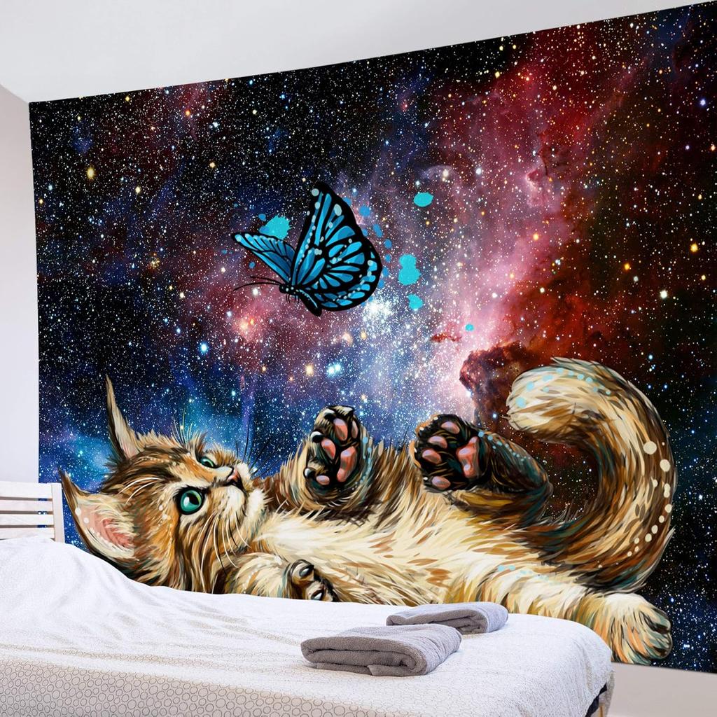 LB Cat Butterfly Tapestry, Cool Funny Cat with Butterfly Wall Tapestry for girls, Fantasy Galaxy Wall Art for Bedroom Living Room Dorm Home Decor, 60