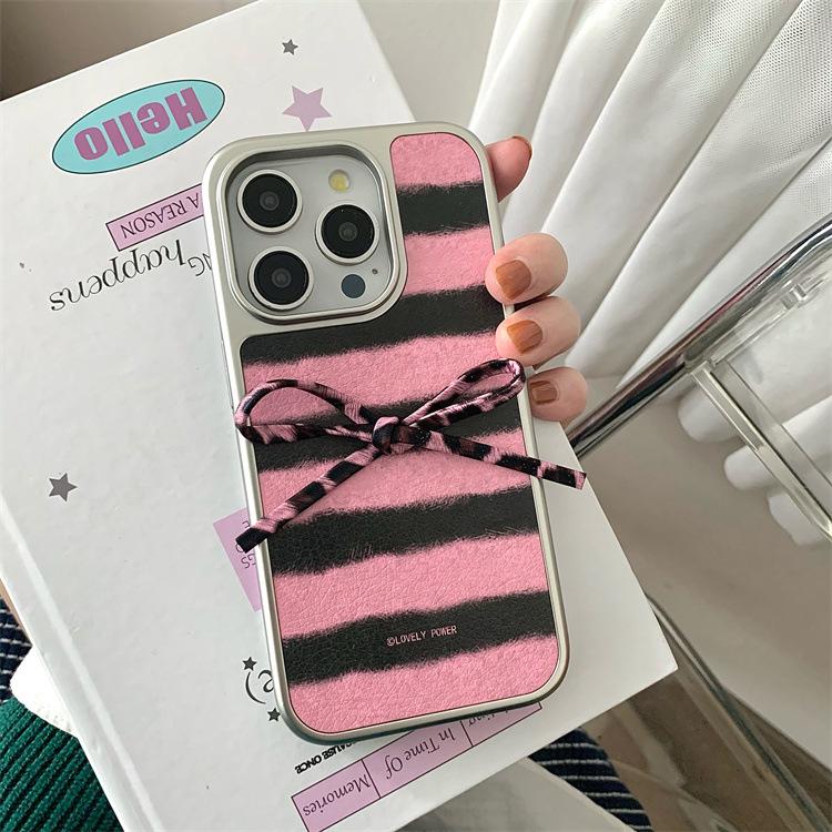Applicable to iphone16pro striped bow mobile phone case Apple 15 electroplating all-inclusive wavy pattern protective case 14
