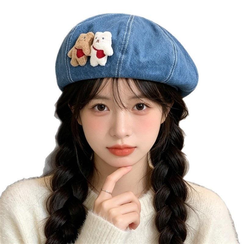 Cowboy Internet celebrity Versatile Bear Fashion Hat Showcase Flat Top Painter Hat Little Cute Face Ladies Two Berets