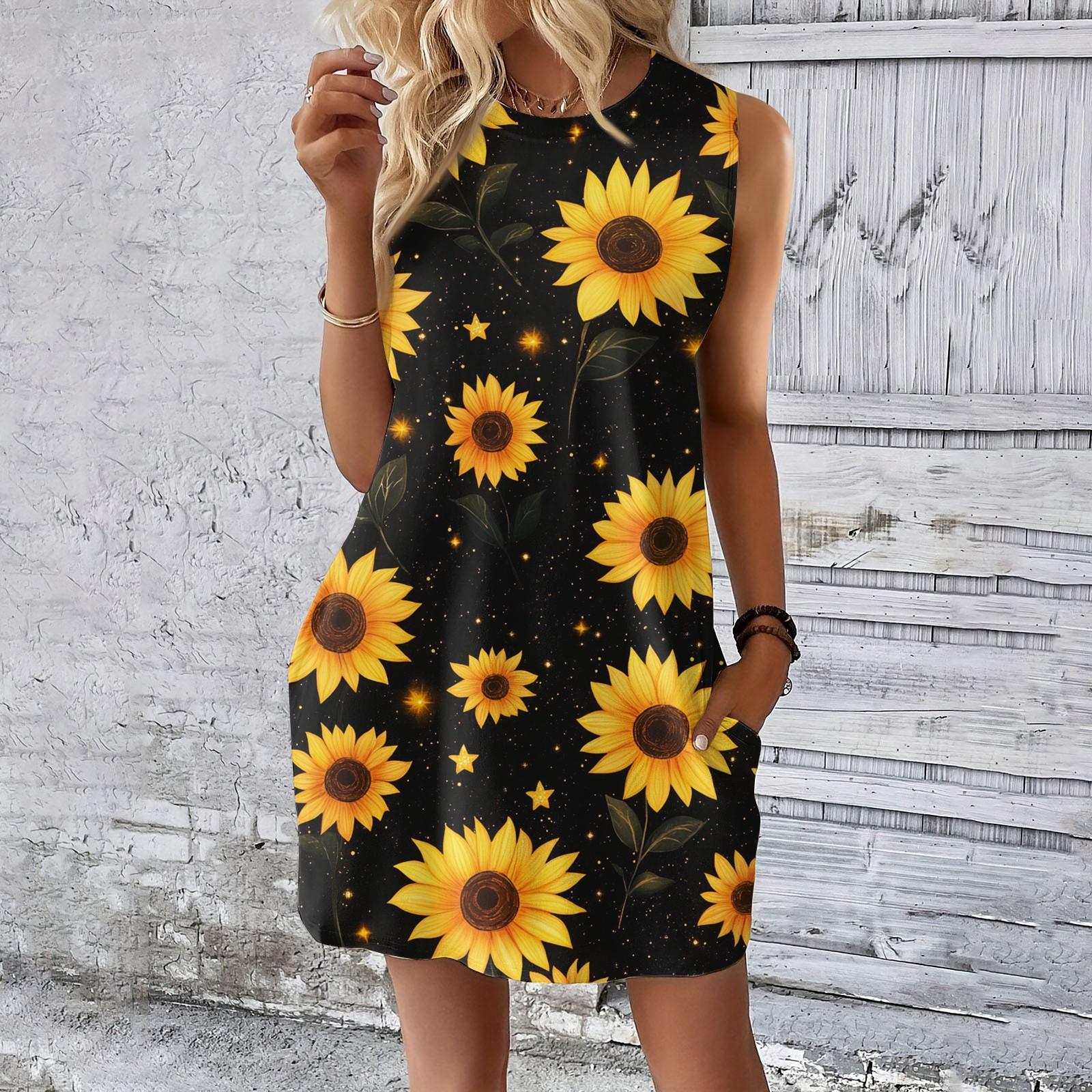 

Женское повседневное и модное платье средней длины с круглым вырезом и без рукавов с принтом XXL