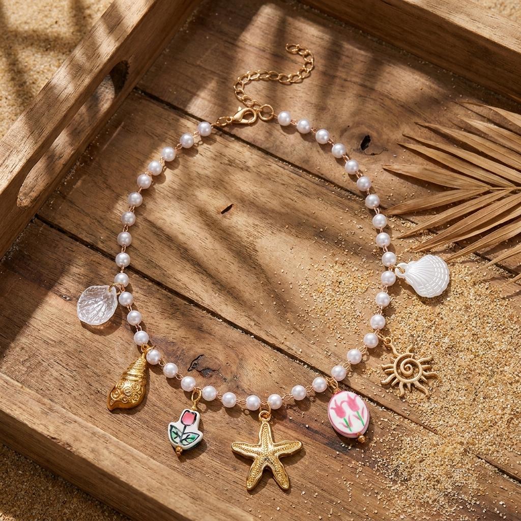 Bohemian Imitation Pearl Beaded Chain Necklace for Women Ocean Series Starfish Shell Conch Pendant Choker Beach Party Jewelry