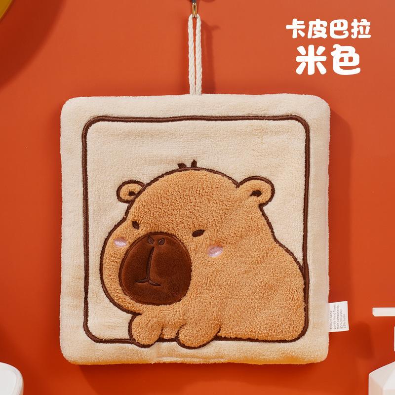 Kapibara Cute Cartoon Hanging Hand Towel Coral Fleece Thickened Hand Towel Kitchen Bathroom Absorbent Handkerchief