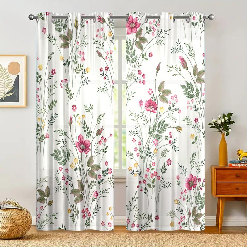 

2 штуки, шторы с весенним цветочным и зеленым растительным рисунком - полупрозрачные - подходят для гостиной, спальни, офиса, домашнего декора. W150CM H166CM&Grommet Top светло-желтого