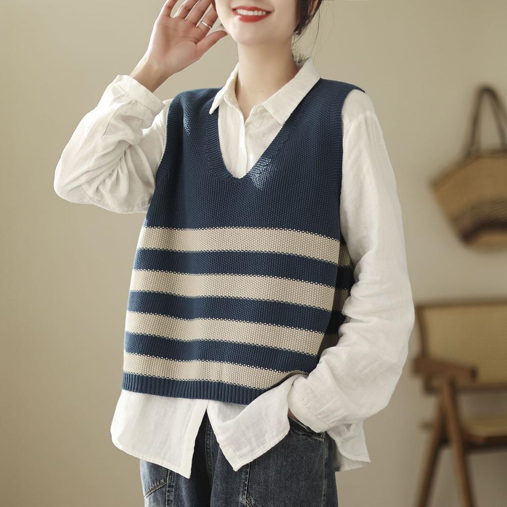 Dámský kardiganová vesta špičkový pruhovaný pletený top volná vesta na podzim a zimu