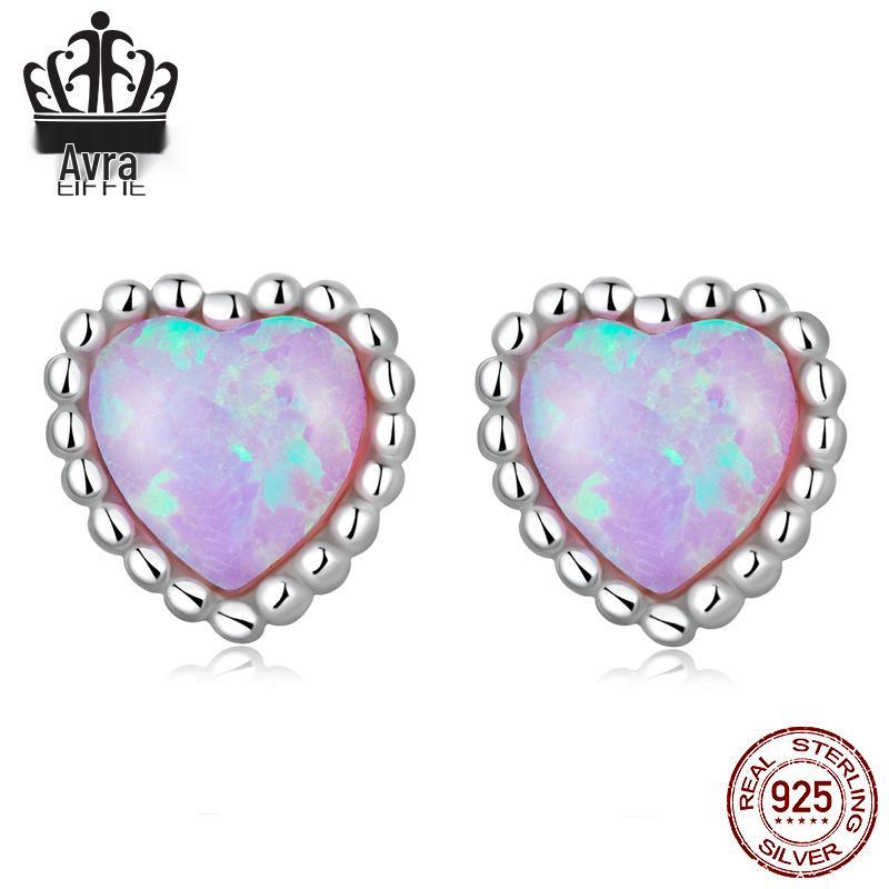 Everlove Care Bear Sterling Silver S925 Heart-Shaped Pink Zircon Opal Stud Earrings & Pendant Necklace Set.
