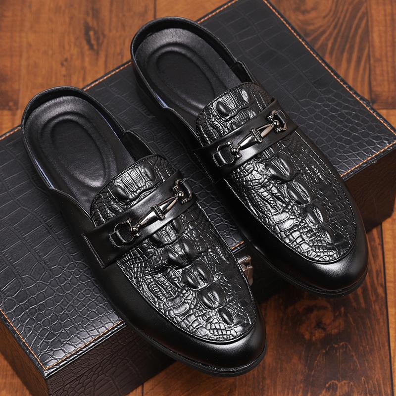 2024 Brand Men Shoe Summer Casual Flat Shoes Black Crocodile Leather Half Shoes Slip-on Slippers Men Comfortable Driving Loafers
