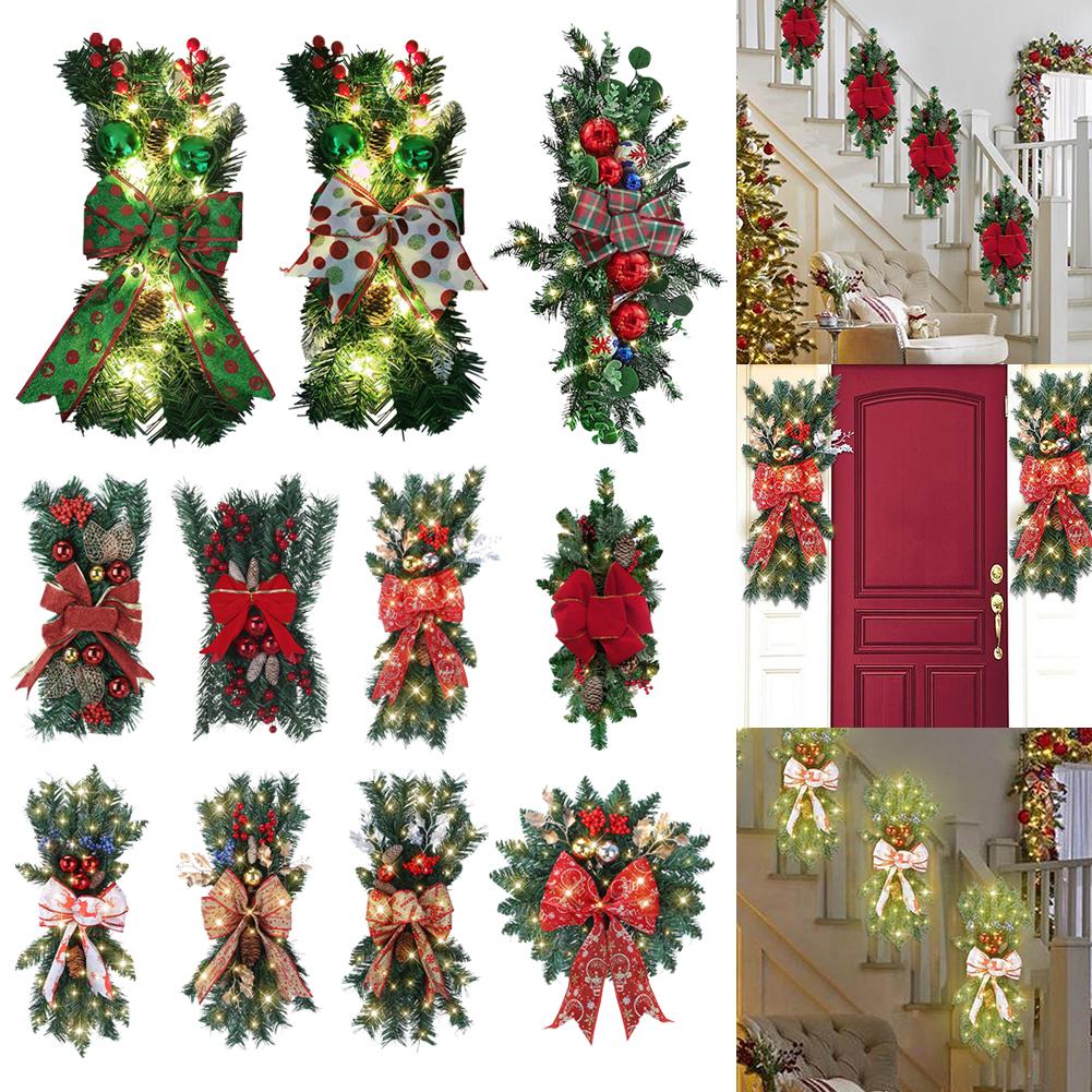 Christmas Artificial Stairs Decoration Pine/Bow LED Light Up Artificial Garland Stair Wreath PVC for Front Door Wall