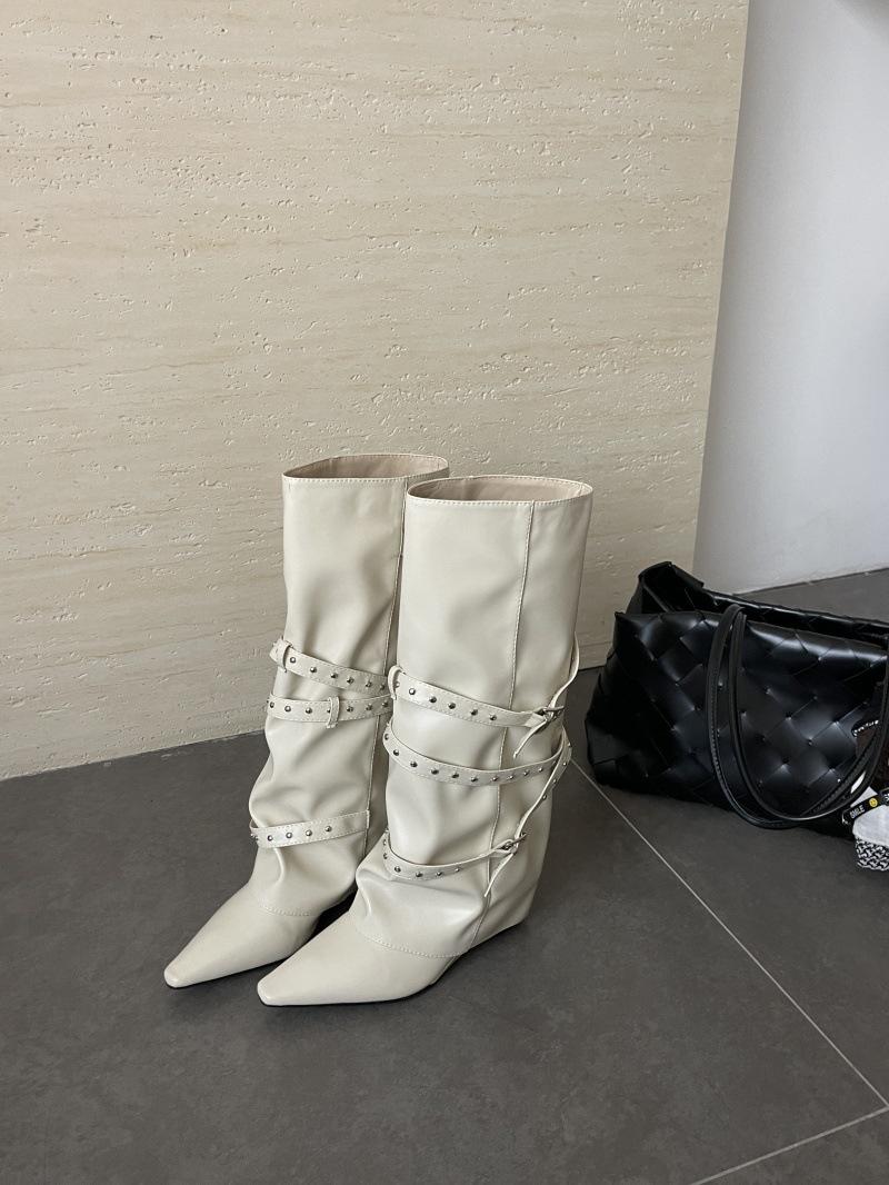

2025 autumn and winter new high-heeled trouser boots thick heel rivet belt buckle large tube circumference long tube boots pointed high tube boots 40 белый
