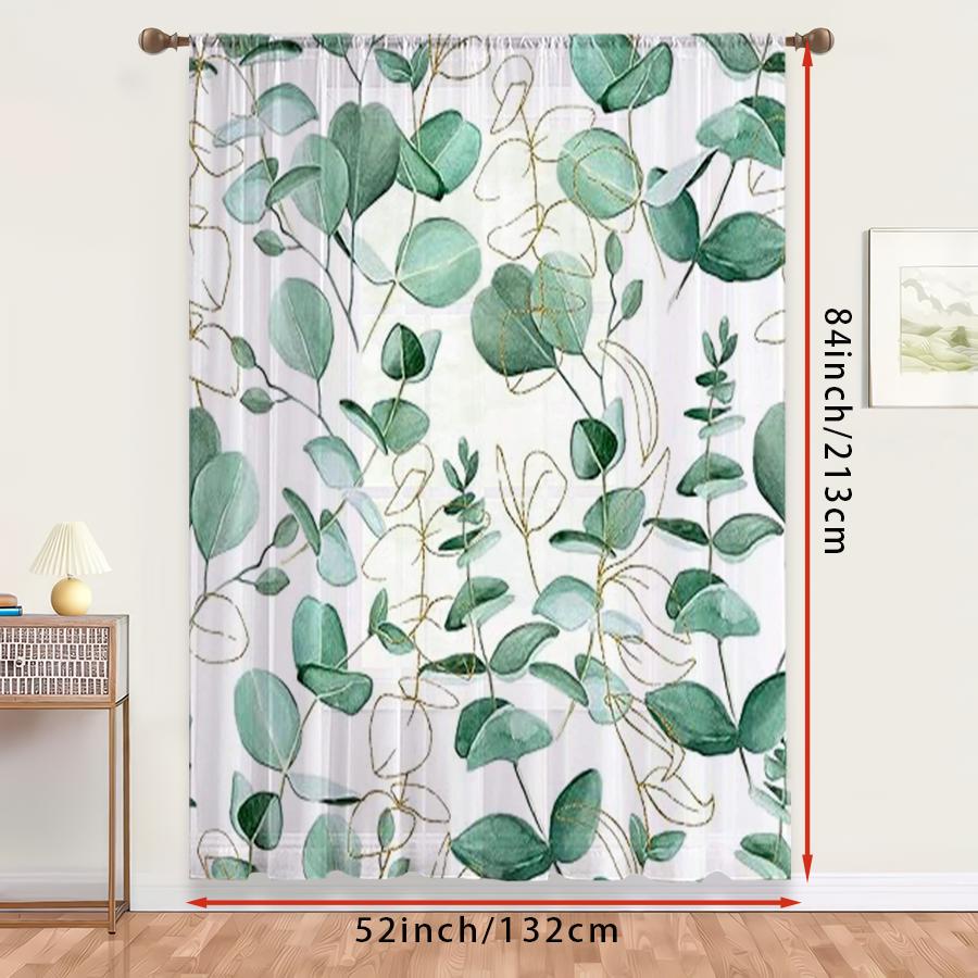 1PC Sheer Curtain Eucalyptus Leaf Golden Line Print, Rod Pocket Window Curtain for Living Room Luxury Home Decor