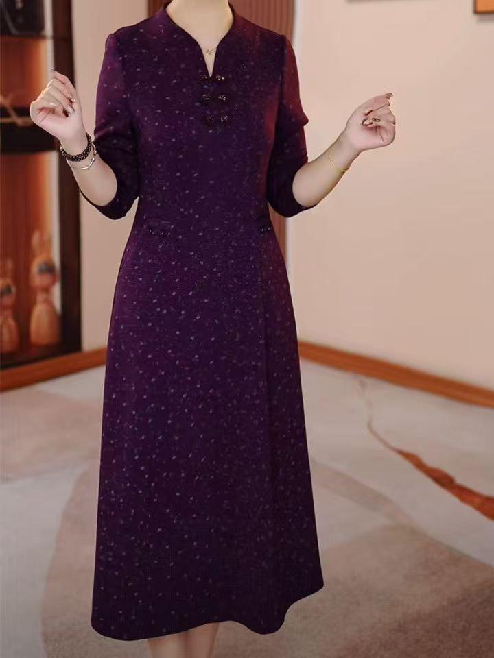 2025 Spring/Autumn Elegant Waist-Slimming Midi Dress for Middle-Aged & Elderly Women