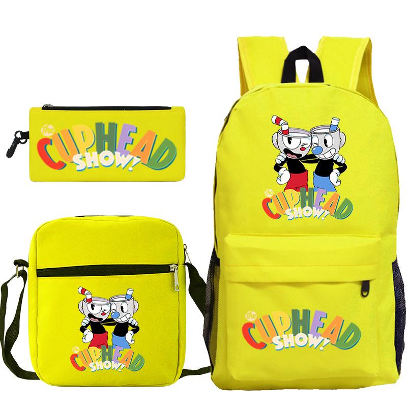 Cartoon Teacup Head Cuphead Student School Bag Backpack Three-piece Set Children's Shoulder Bag Pencil Bag