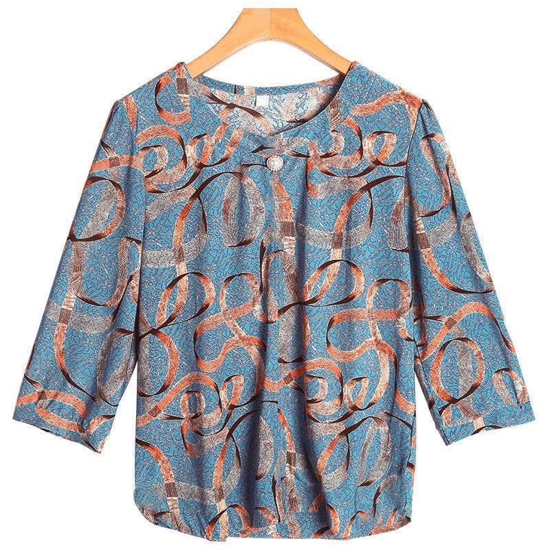 Dreiviertelarm T-Shirt Mutter mittleren Alters Frühlingsoberteil T-Shirt im chinesischen Stil Halbarm Künstlerisches Oberteil