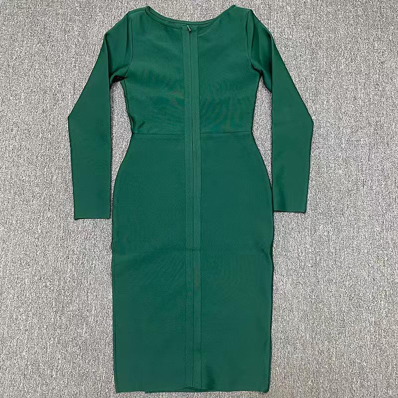 Damska Seksowna Sukienka Bandażowa z Koralikami i Długim Rękawem z Rozcięciem