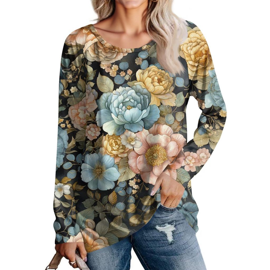 Damenmode Lässig Langarm Print Rundhals Pullover Top Bluse