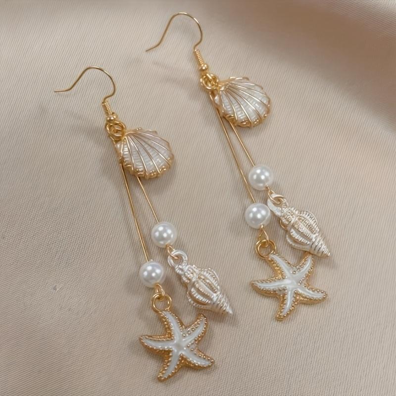 Pink Seashell Starfish Earrings - Golden Copper Hoops with Imitation Pearl Beads, Beach Party Jewelry for Women, Summer Accessories