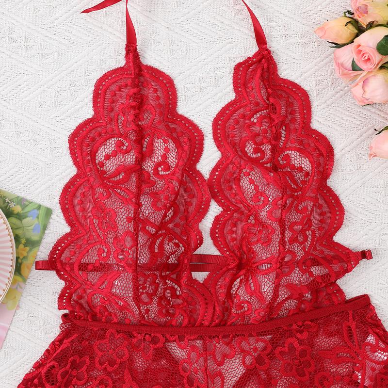 Women's Hollow Crotchless Bodysuit Slim Fit Erotic Mesh Lace Jumpsuit Bodysuit Summer Sexy Fashion Sleepwear Dress