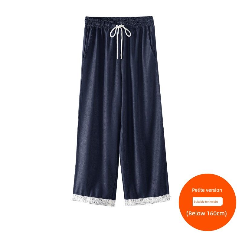 

Plus size women clothing [Exquisite Lace Wide-Leg Pants] Three Pants Length Early Autumn Contrast Color Lace Stitching Imitation Jeans Dark Blue (below 160cm) 6XL