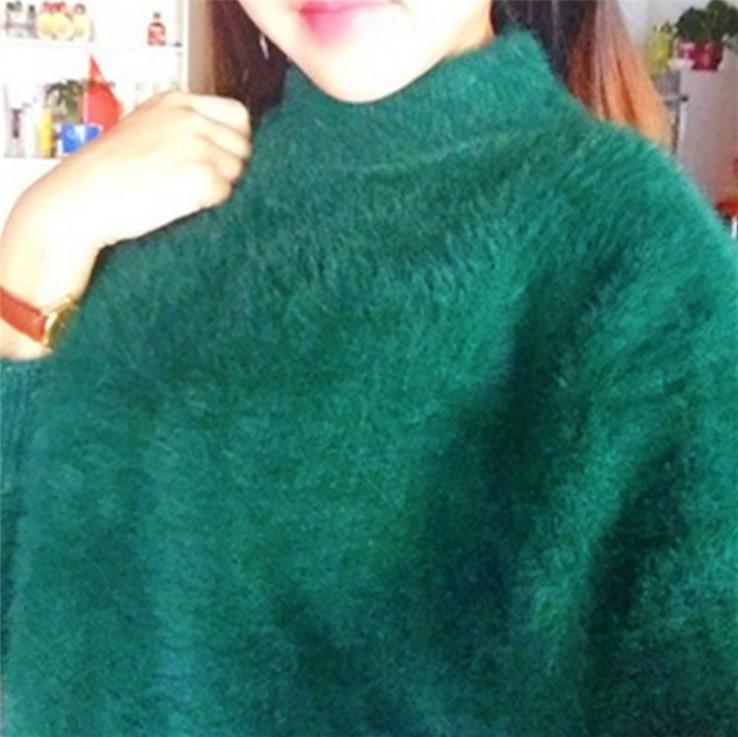 

2025 Korean Lantern Sleeve Faux Mink Knitted Pullover Sweater for Women: Spring/Autumn/Winter, Half High Neck, Solid Color, Loose Fit One Size темно-зелений колір