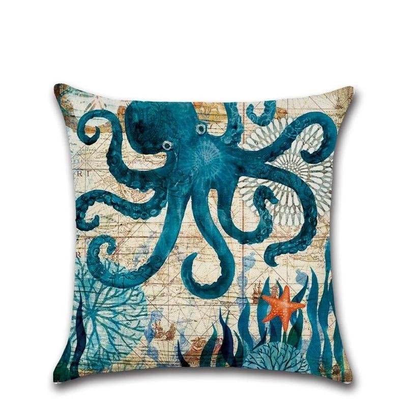 Sea Turtle Nautical Mermaid Pattern Cotton Linen Throw Pillow Cushion Cover Car Home Decoration Sofa Decorative Pillowcase 40018