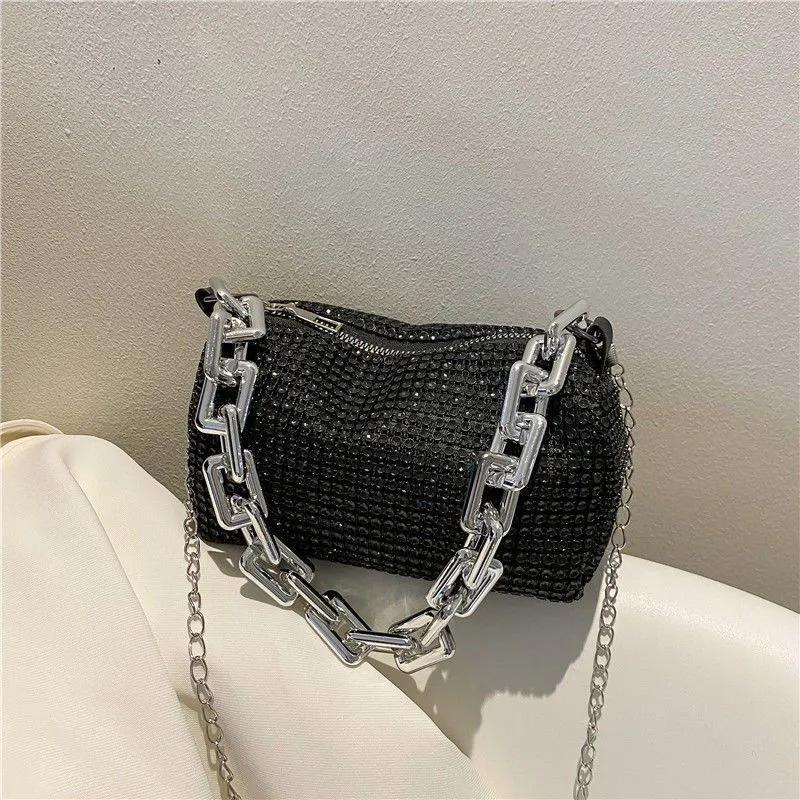 WTEMPO Simple Elegant Casual Rhinestone Silver Black Underarm Bag Women Versatile Party Club Single Shoulder Crossbody Bags Handbags