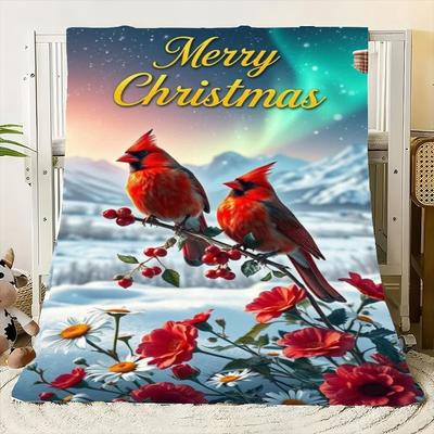 Merry Christmas Festive Cozy Blanket - Soft Plush Fleece Throw Featuring Vibrant Red Cardinals and Snowy Winter Landscape, Ideal