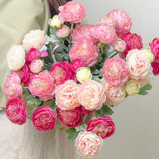 Artificial Ranunculus Asiaticus 2 Head Realistic Fake Silk Flower with Stem Home Office Wedding Party Faux Flower Decoration