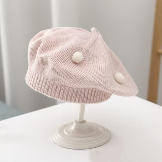 French Style Beret Hat Plush Ball Decor Baby Beret Hat with Anti-Slip Design Elastic Fit Warm Knitting Hat Autumn Winter Headwear