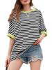 T-shirt da Donna Oversize a Blocchi di Colore a Righe Girocollo Manica Corta Tunica
