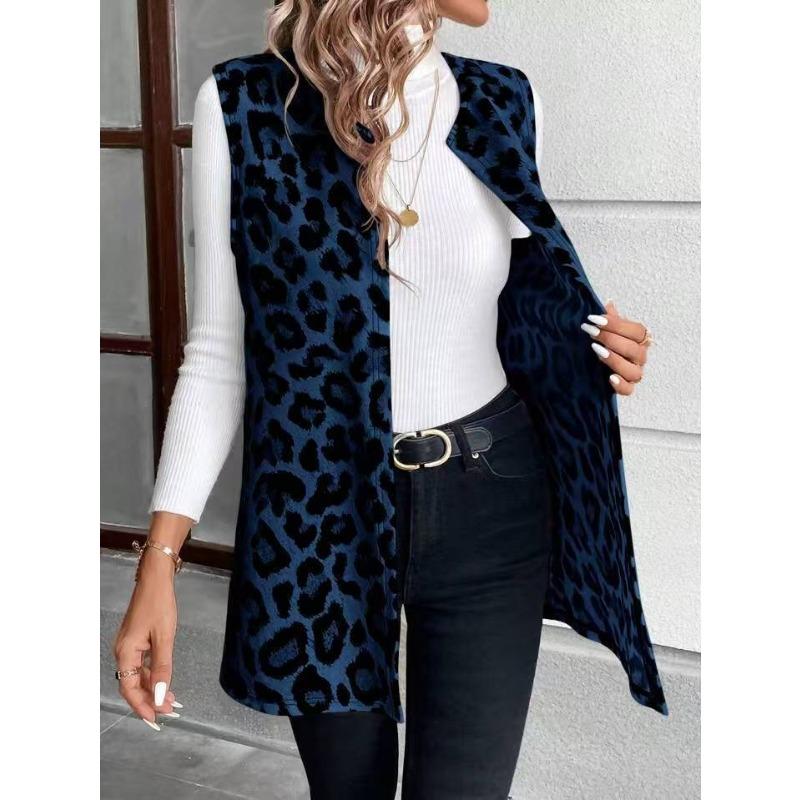 Damen S Leo-Print V-Ausschnitt Pullover Mittellanger Mantel