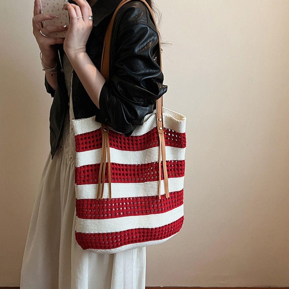 

Fashion Hollow Weave Tote Bag Large Capacity Summer Beach Straw Handbag Girls червоний