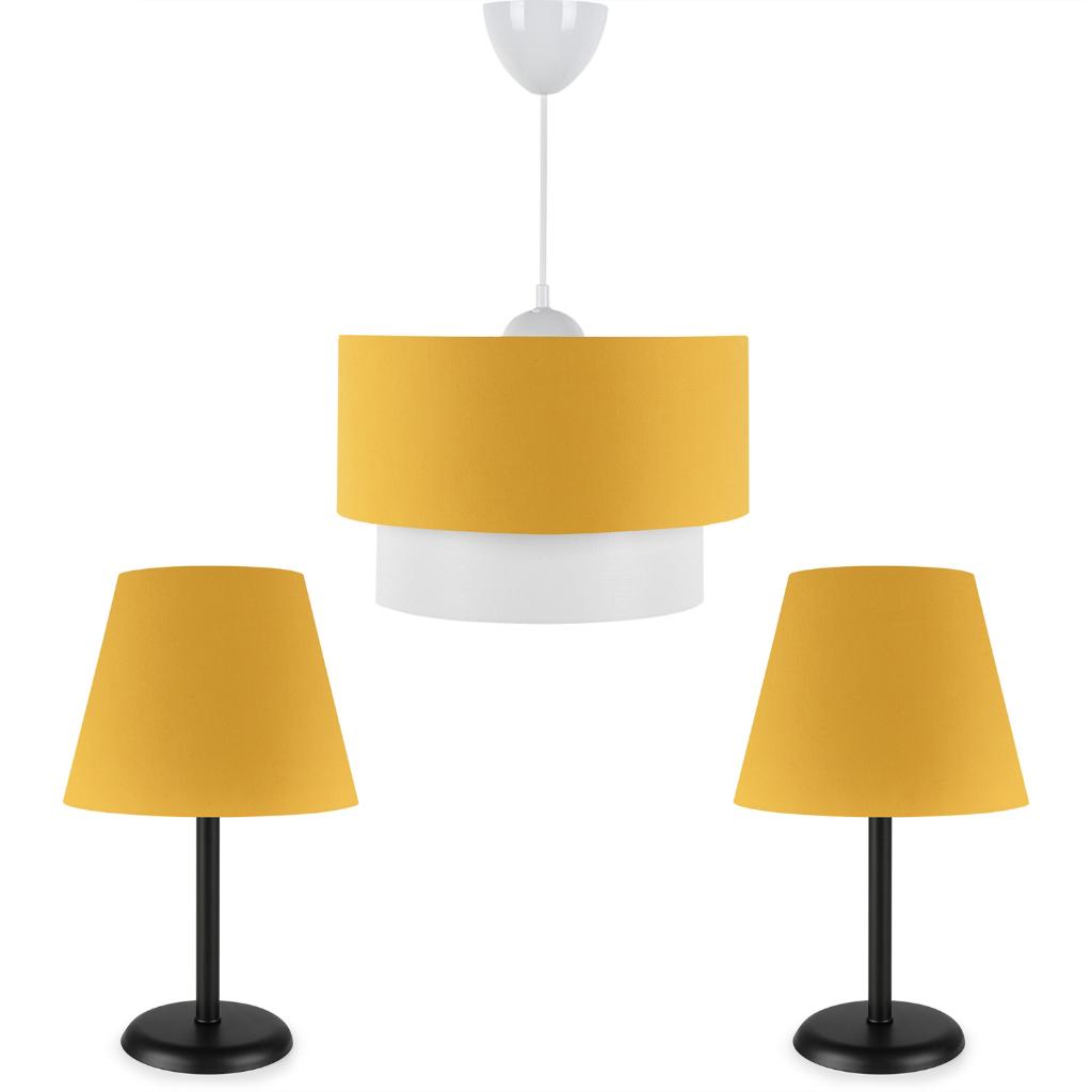 

Art Black Metal Body Yellow Fabric Triple Chandelier and Lampshade Set