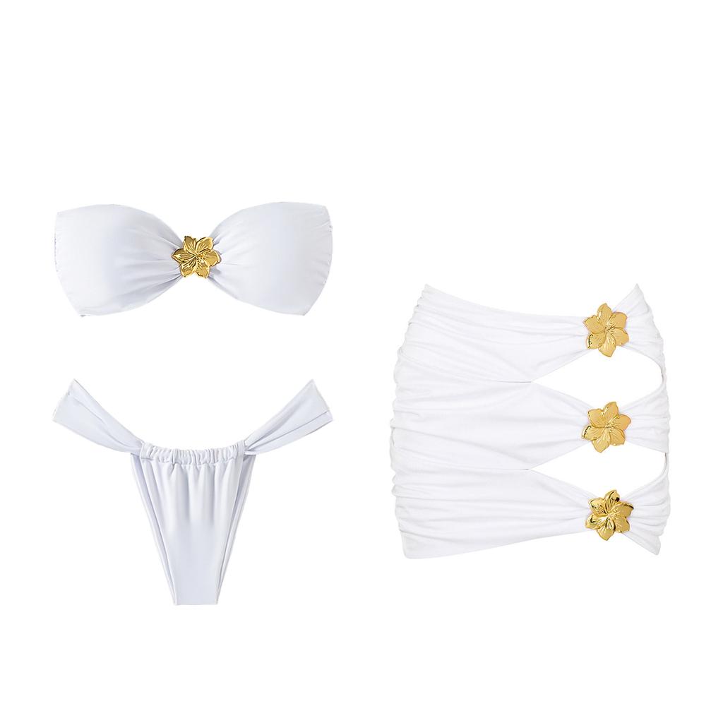 3 Piece Bandage Bikini Swimsuit With Beach Skirt 3D Flower Swimwear Swimsuits Bathing Suits Sarongs Print Beachwear Biquini
