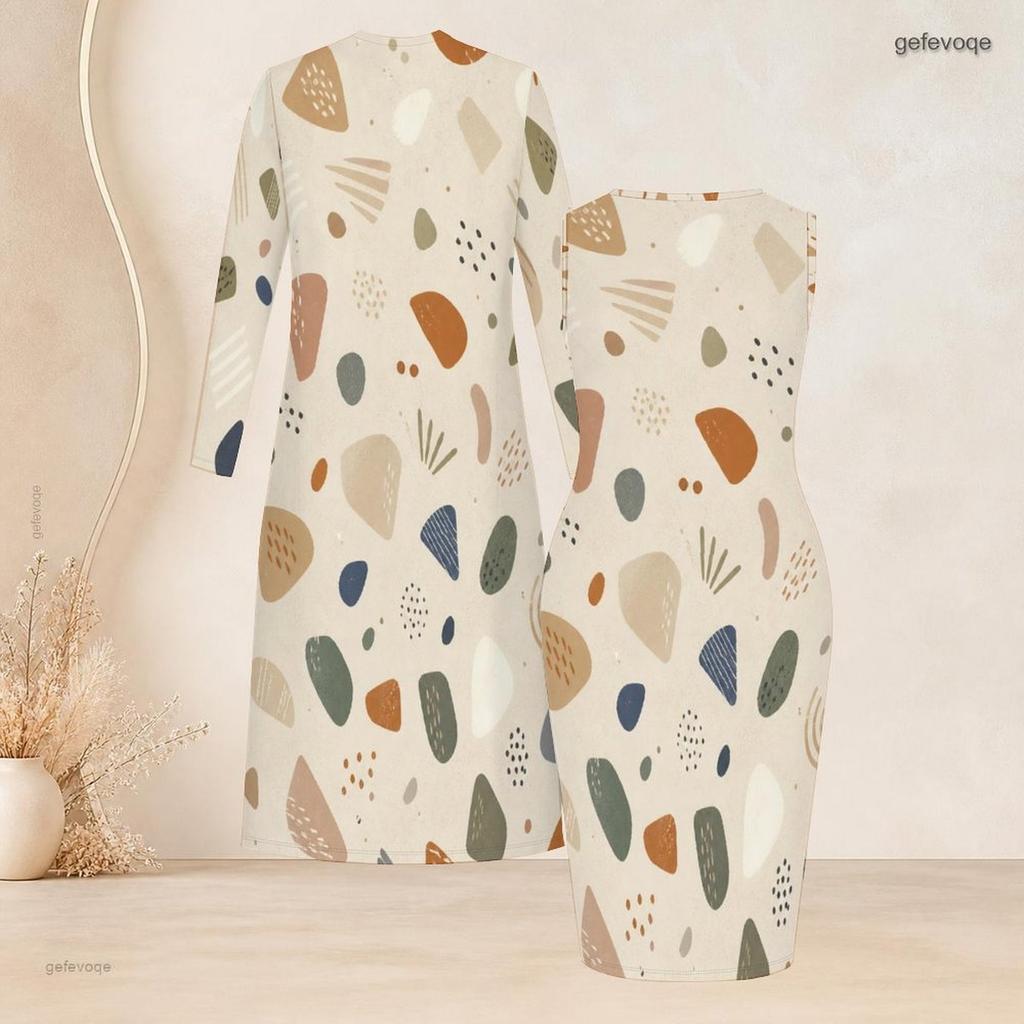 Women Plus Size Geometric Printed Two Piece Set Long Sleeve Open Front Cardigan Sleeveless Bodycon Dress