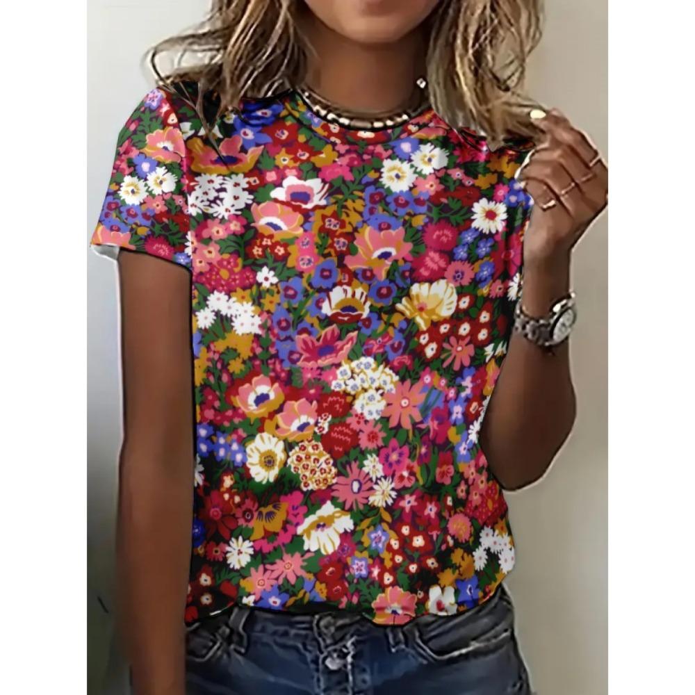 

Fun Plants Pattern T Shirt For Women Colorful Flowers 3D Printed Short Sleeves Tees Summer Casual Loose T-Shirts O-Neck Tops XL