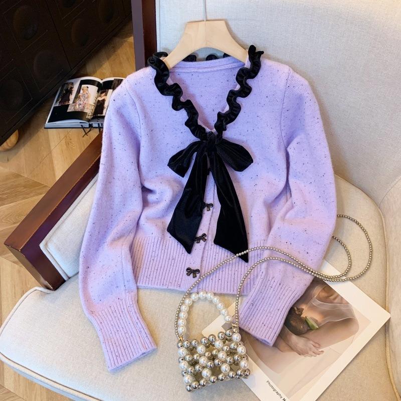 

Темпераментный свитер с бантом, женский новый осенне-зимний свитер с тонкой талией, облегающий короткий топ XL фиолетовый