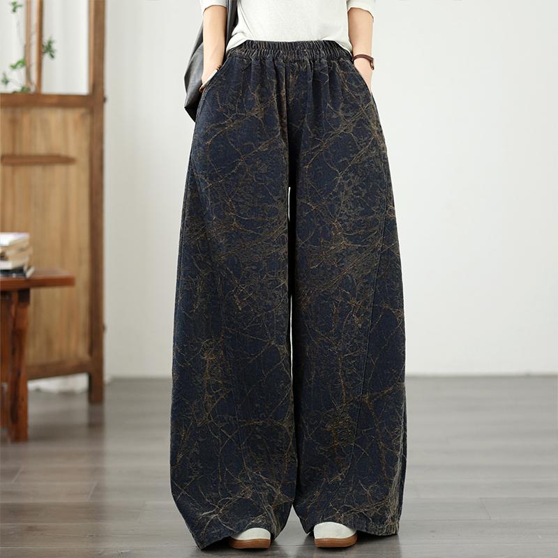 DIMANAF 2026 Herbst Winter Neu Übergröße Damen Jeans Lange Hosen Elastische Taille Geblümt Locker Lässig Denim Baumwolle Dick Vintage Damen Hosen