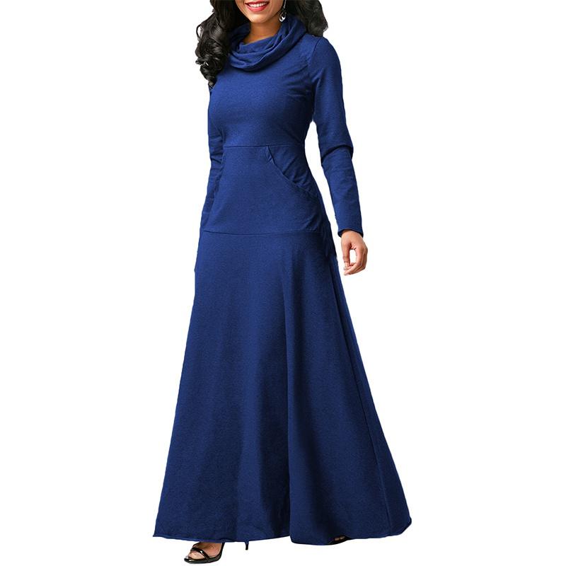 Women's Long Dress High Collar Long Sleeve Maxi Dress Casual Plus Size Pocket Pullover Party Dress