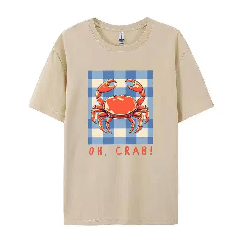 

2026 Summer Crab Pattern Womens Casual Blouse Fashionable Cotton Shortsleeved Printed Casual Comfortable Top 3XL