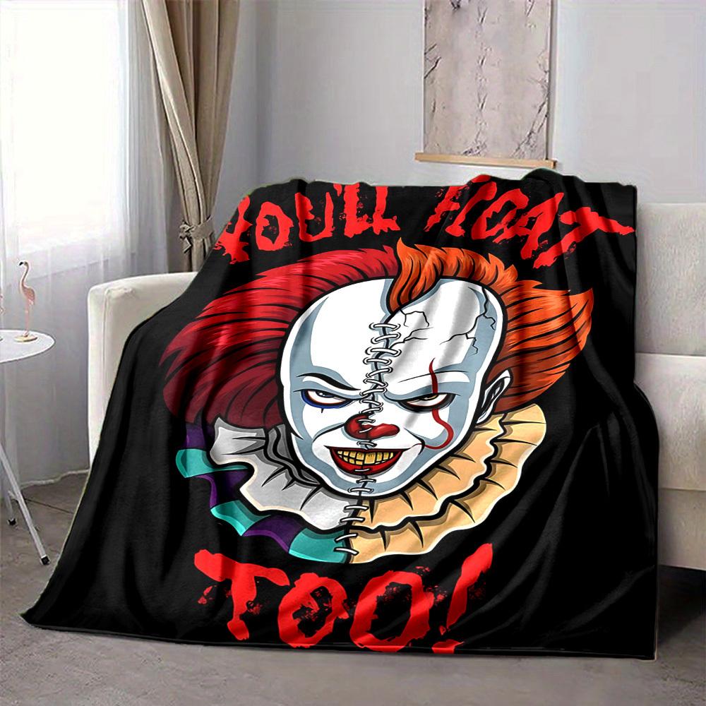 1pc It "Clown" Flannel Throw Blanket - HD Printed Lightweight Soft Warm All-Season Blanket for Sofa, Bed, Travel, Camping003