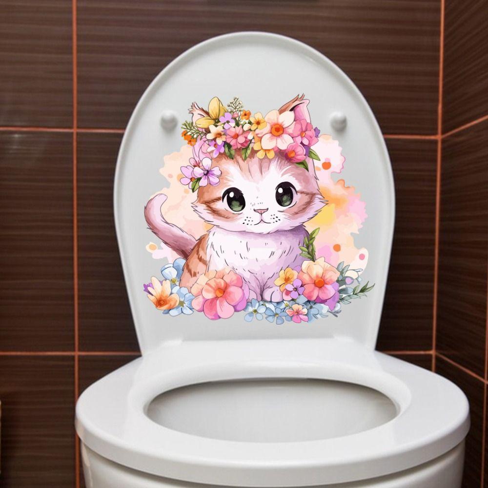 Cartoon Cat Toilet Sticke Self-adhesive Cartoon Bathroom Mural Cat Wall Decals  Decorative Sticker