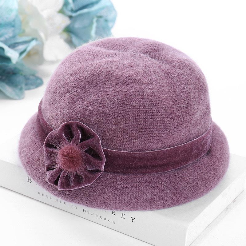 

Autumn and winter middle-aged and elderly hats female rabbit fur knitted wool hats grandma old man hats winter middle-aged mother hats flowers One size fits all мальвовий